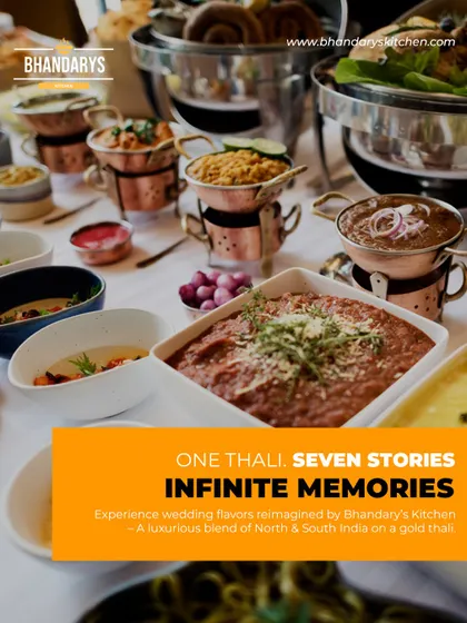 One thali, seven stories, infinite memories. Our wedding thalis are a luxurious blend of North and South Indian flavors, beautifully presented.