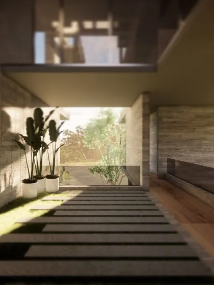 A design visualization for a residence, focusing on creating open, interconnected spaces. The design uses natural light, exposed concrete, and an indoor-outdoor connection to create a tranquil living environment.