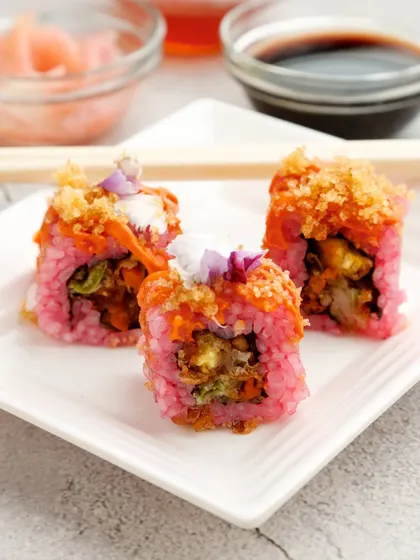 A playful and colourful take on a classic. Our chefs use natural ingredients to create this pink rice sushi, offering a fun and delicious option that is always a hit at events.