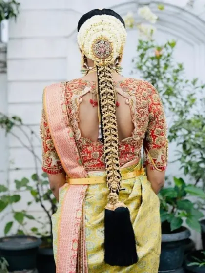 A detailed view of a traditional South Indian bridal hairstyle, featuring an elaborate floral arrangement and a beautiful jadai, or hair ornament.