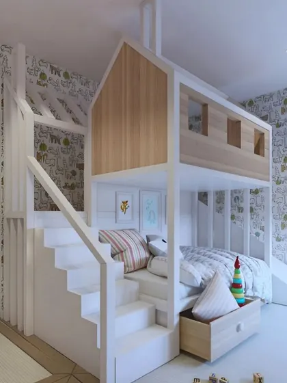 This playful bunk bed is designed to look like a treehouse, complete with window cutouts and a small slide. The stairs also feature built-in storage, making it a fun and functional centerpiece.