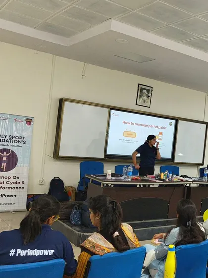 A wide shot of our workshop at Banaras Hindu University, showing our facilitator presenting to a full room. We aim to reach as many young athletes and students as possible to normalize conversations around menstrual health.