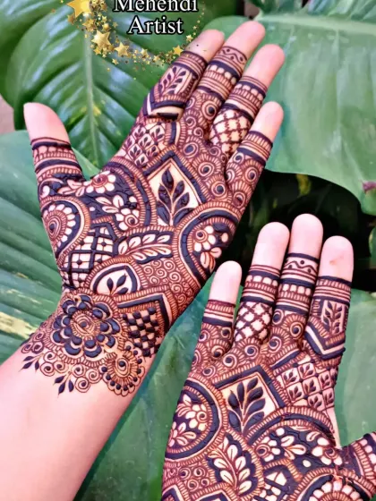 A semi-bridal design with a lovely mix of leafy vines and geometric shapes, perfect for any festive occasion.