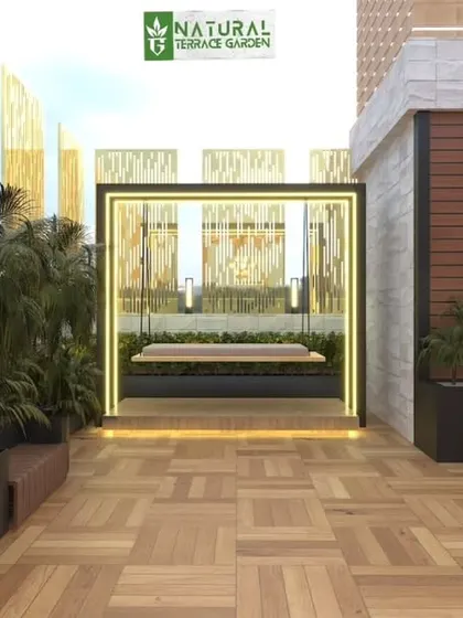 A perspective view of the Palam Vihar terrace design. This render shows the interplay between the gazebo, the water feature, and a swing, creating a dynamic and luxurious space.
