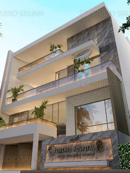 An angled, low-perspective shot of the Dwarka hospital, emphasizing its scale and the clean, modern lines of the architectural design.