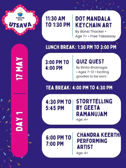 The detailed schedule for Day 1 of our Utsava, packed with activities from Dot Mandala art to storytelling and theatre performances.