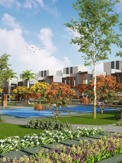 Shared spaces are vital for community life. Here, a central park and pool area provide a hub for recreation and social interaction, surrounded by homes that enjoy both privacy and a connection to the vibrant community life.