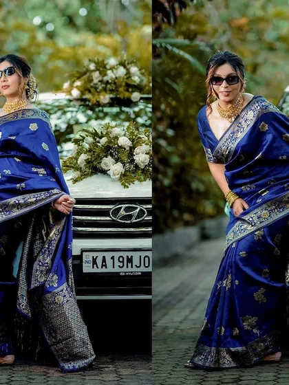 A stylish bride poses in a stunning blue saree for her Roce ceremony, showing how we capture the modern glamour of traditional events.
