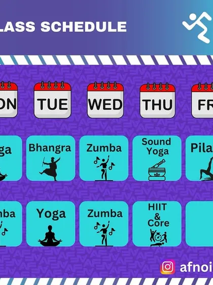 Here is our weekly schedule at a glance. We offer a mix of classes like Yoga, Bhangra, Zumba, and HIIT in both morning and evening slots to fit your routine. Plan your week and come join us.