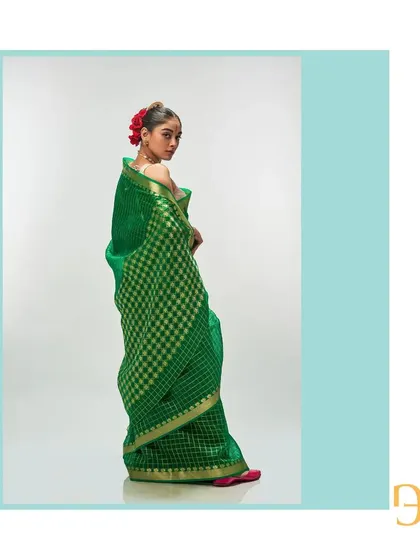 The back view of the shamrock green silk organza saree, showing the bold checkered pattern in gold zari.