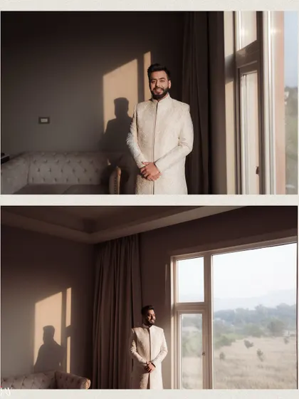 A diptych of the groom standing in his room, with the golden hour sun creating beautiful shadows.
