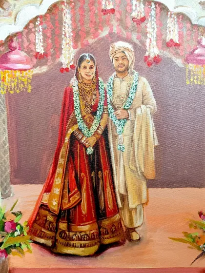 A close-up of the couple from the Taj Palace wedding painting. My focus is always on creating a realistic and heartfelt portrait.