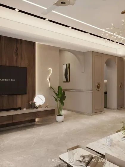 This living space exudes a serene yet luxurious ambiance. From the warm wooden paneling and marble-inspired finishes to the graceful arches and biophilic touches, every detail is curated to perfection.