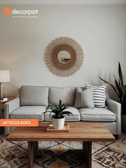 The Atticus sofa, with its clean lines and comfortable cushions, is a perfect fit for a modern, minimalist living room. Paired with a wooden coffee table and natural elements, it creates a calm and inviting space.
