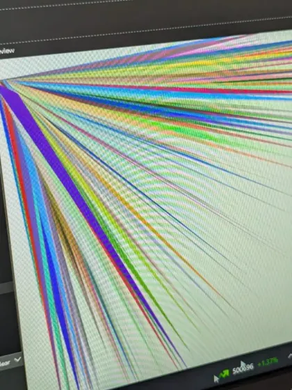 This artwork, created with code, shows how simple lines and colors can be used to generate complex and beautiful visuals. Our "Art with Code" classes focus on exploring these creative possibilities.