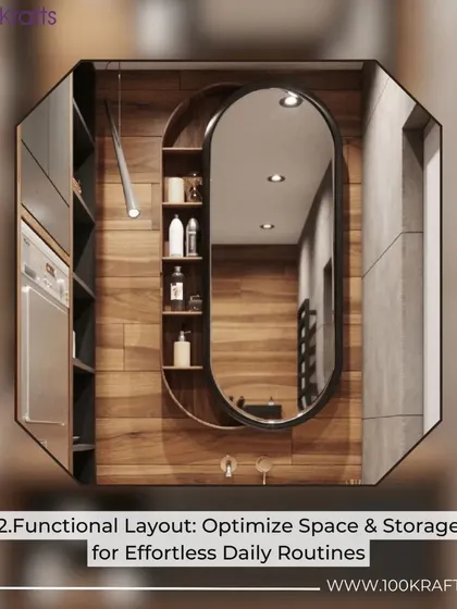 A functional layout optimizes space and storage. This bathroom features a stylish vanity with open shelving integrated around a large oval mirror, making daily routines effortless.