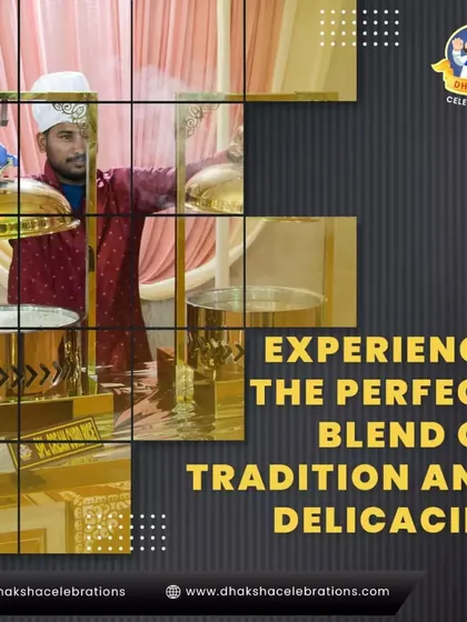 A member of my staff serving guests at our buffet, which is designed to be a perfect blend of tradition and delicacies. The golden serving dishes add a touch of elegance to the setup.