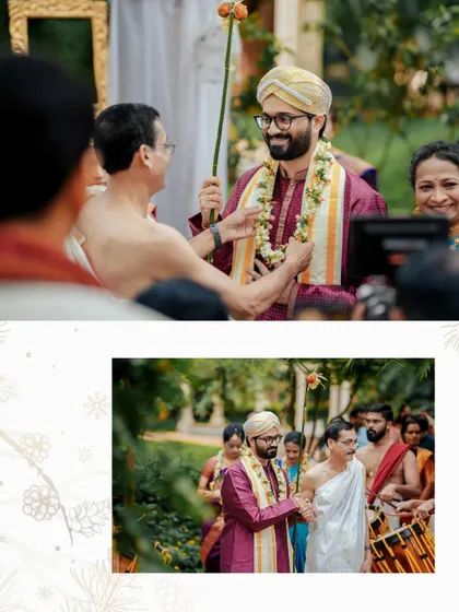 A collage capturing the groom's arrival and welcome rituals, an important part of the wedding ceremony.