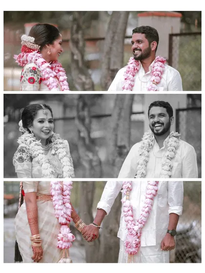 A triptych of the couple's portraits, mixing color and black and white to highlight their connection and the timeless nature of their wedding day.