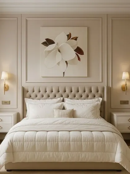 Timeless elegance defines this all-white bedroom. We used classic wall paneling and a tufted headboard to create a sophisticated backdrop, while the floral artwork adds a soft, artistic touch.
