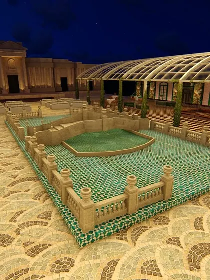 A 3D render of the central garden area, showing the water features with green tiles and the surrounding glass-roofed structures. This visual was key to planning the complex layout.