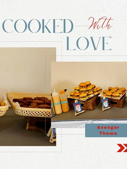 Cooked with love for an Avenger-themed party. The food table features baskets of onion rings, chicken nuggets, and colorful mini sliders, ready to be devoured by hungry heroes.