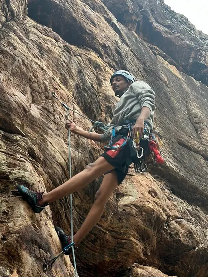 Nanda preparing to rappel after a climb. His focus on safety and learning from the community is a value we all share.