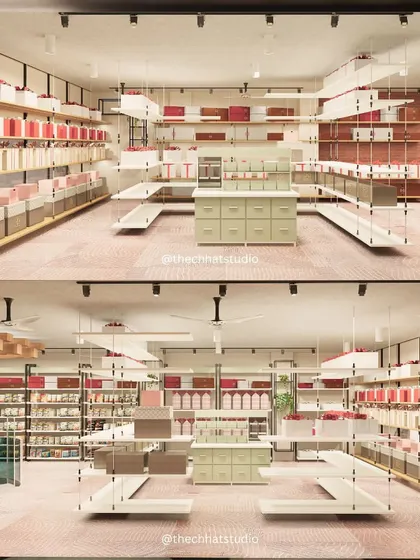 An overview of the shelving and display strategy. We used a combination of open shelves and closed cabinets to create a look that is both abundant and organized, allowing products to be displayed attractively.