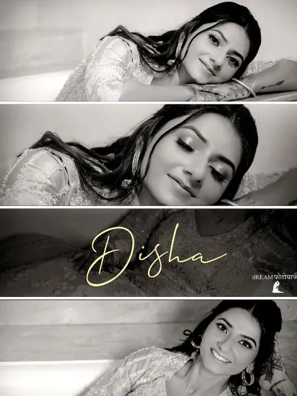 A triptych of bride Disha's portraits, capturing her serene and happy expressions in black and white.