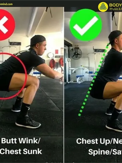 The "butt wink" during a squat, where the lower back rounds at the bottom, can lead to spinal stress. This image illustrates the correct form with a neutral spine, which is essential for safely building strength and preventing injury.