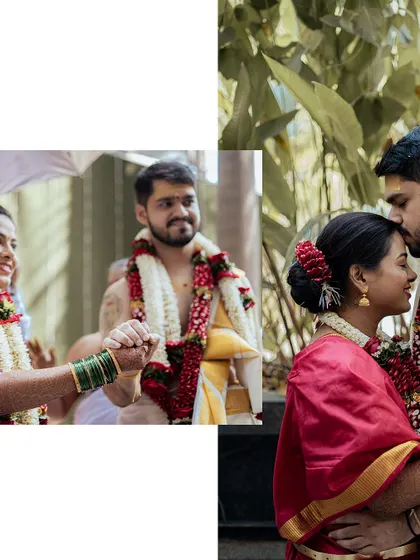 A collage capturing tender moments from a South Indian wedding, including a forehead kiss and the couple holding hands during the ceremony.