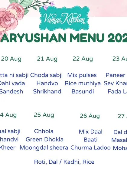 This is our special menu for Paryushan 2025. We are experts in Jain festival food and offer a different, freshly prepared, and compliant menu for each day of the holy period.