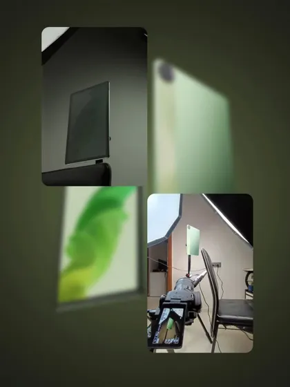 A collage showing the behind the scenes process for the floating realme Pad 2 video. It includes shots of the tablet mounted on a stand and the lighting setup.
