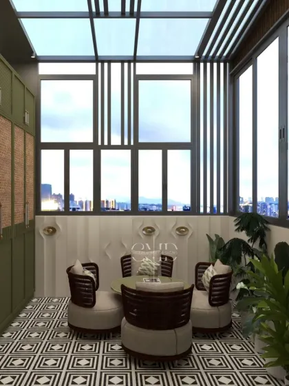This serene balcony features an MS and glass pergola with adjustable louvers, Moroccan floor tiles, and a wardrobe blending cane and fluted laminate.