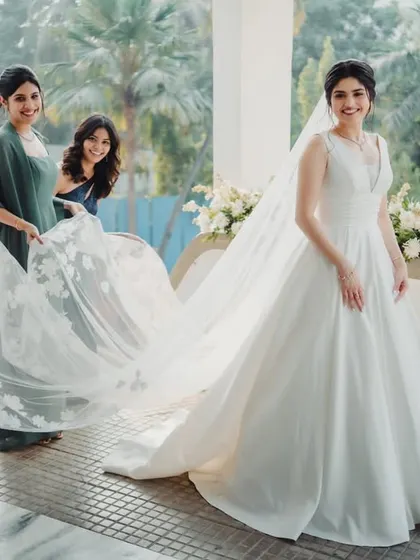 The bride and her girls, making sure her stunning embroidered veil is perfect. A beautiful candid moment full of friendship and joy.