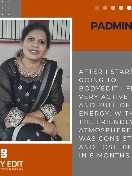 Padmini's testimonial speaks to the friendly atmosphere at Body Edit. She highlights how our supportive environment helped her stay consistent, leading to more energy and a 10kg weight loss.