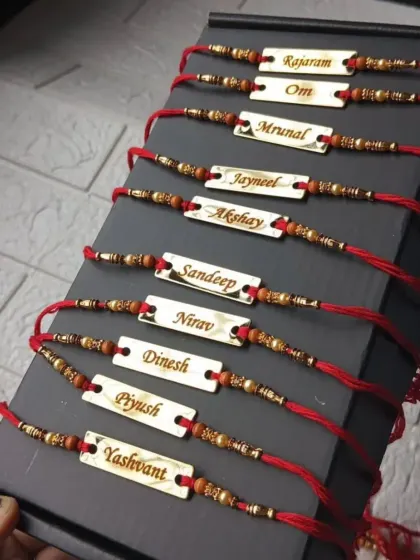 More examples of my wooden name rakhis, neatly arranged to show the variety of names I can engrave.