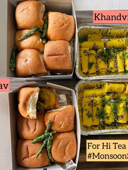 A perfect hi-tea combination for a monsoon evening. This order included classic Vada Pav and delicate, savory Khandvi.