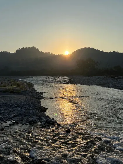 The golden reflection of the rising sun creates a path of light on the river's surface. It's these simple, beautiful moments in nature that I love to capture.