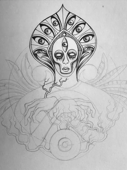 A sketchbook drawing of a multi-eyed goddess, showing the pencil under-drawing and the first stages of inking the headdress.