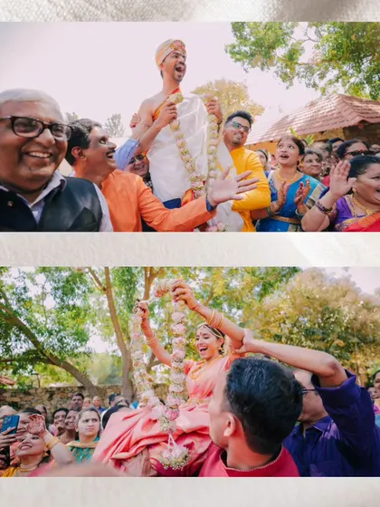 The exciting moment where the bride and groom are lifted up by their families for the garland exchange.