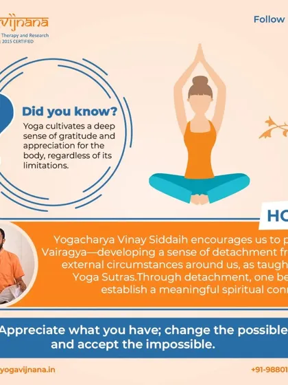 Did you know yoga cultivates gratitude for the body, regardless of its limitations? I encourage the practice of 'Vairagya' (detachment) to establish a meaningful spiritual connection.