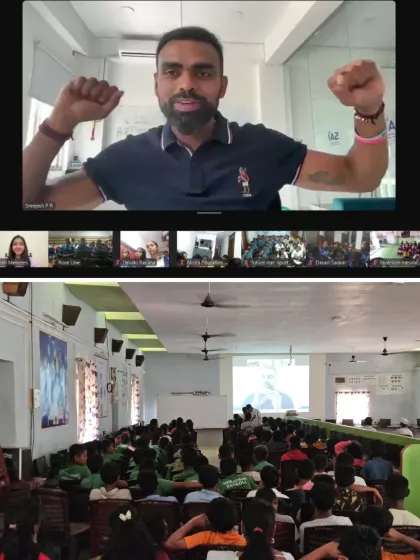 PR Sreejesh flexing his muscles during our 'Rise, Reflect, and Conquer' online session. His energy and stories of perseverance were a massive source of inspiration for the young athletes watching.