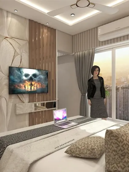 An alternate view of the Borivali master bedroom, showing the TV wall and wardrobe. The design uses a mix of 3D panels and wood textures, with large windows offering a view of the city.