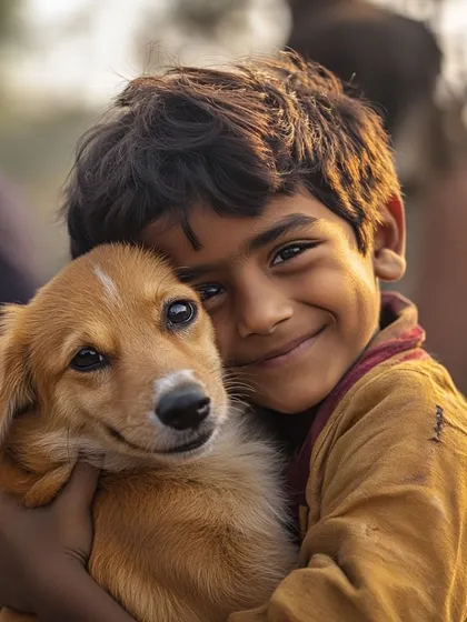 The bright, hopeful eyes of a child and a puppy. This image perfectly illustrates the theme of our Children's Day story about compassion and friendship.