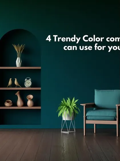 We love sharing trendy color combinations you can use in your home. This image showcases a bold teal and wood combination for a modern, sophisticated look.