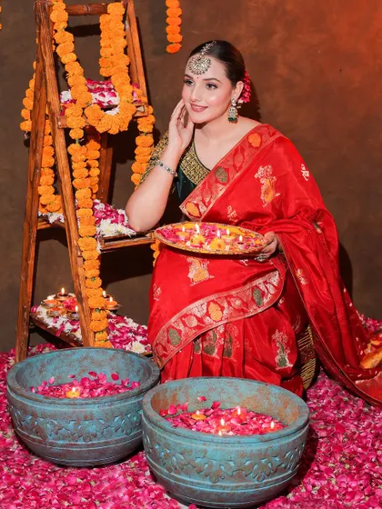Another beautiful shot from our Diwali campaign, showcasing the rich color of the saree.