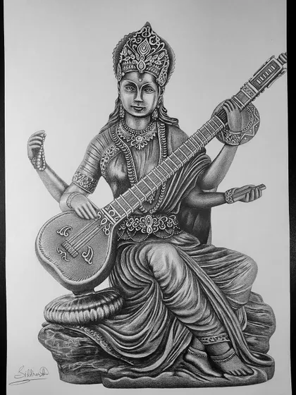 My completed sketch of Maa Saraswati, the goddess of knowledge and arts. I tried to make it as realistic as possible using a 0.5mm mechanical pencil for precision.