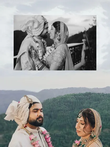 A creative collage combining a close-up, intimate black-and-white shot with a serene color portrait of the couple amidst the mountain landscape.