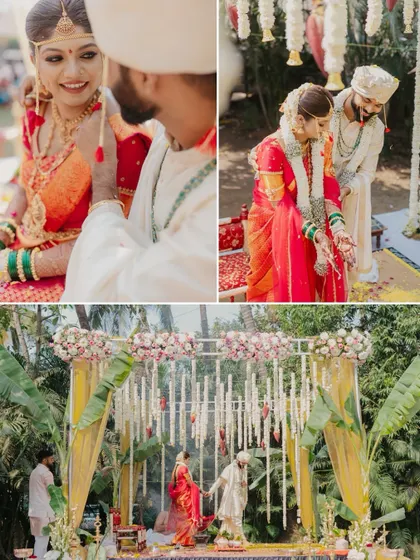 A collage of key Marathi wedding rituals, including the mandap setup and the exchange between the bride and groom.